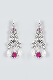 White Finish Zircon & Red Stone Dangler Earrings