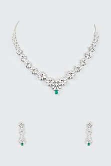 White Finish Zircon & Green Stone Necklace Set