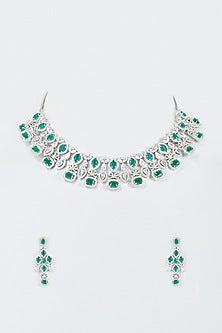 White Finish Zircon & Green Stone Necklace Set