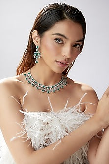 White Finish Zircon & Green Stone Necklace Set
