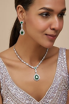 White Finish Zircon & Green Stone Long Necklace Set