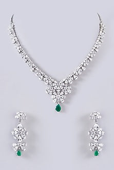 White Finish Green Stone Necklace Set