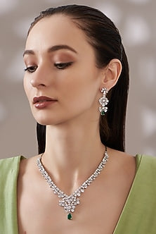 White Finish Green Stone Necklace Set