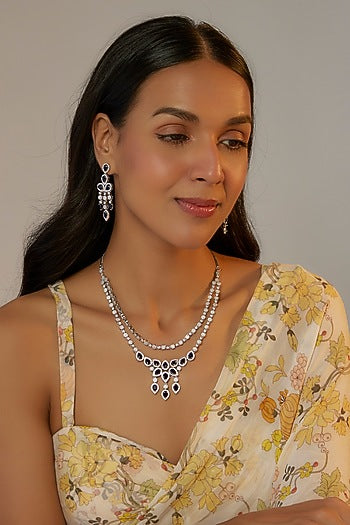 White Finish Zircon & Blue Stone Necklace Set