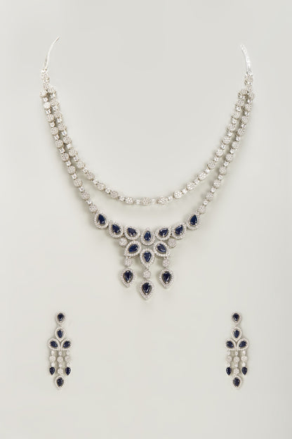 White Finish Zircon & Blue Stone Necklace Set