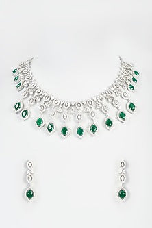 White Finish Faux Diamond & Emerald Necklace Set