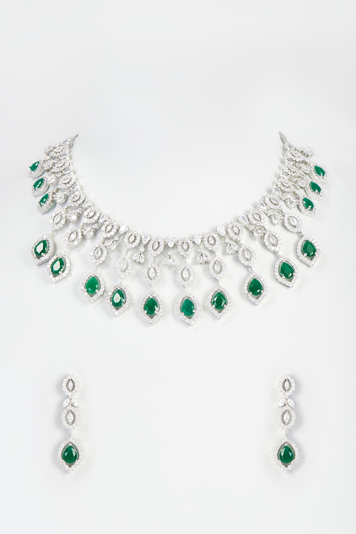 White Finish Faux Diamond & Emerald Necklace Set