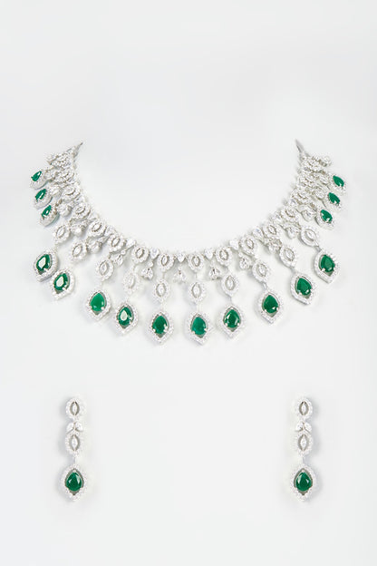 White Finish Faux Diamond & Emerald Necklace Set