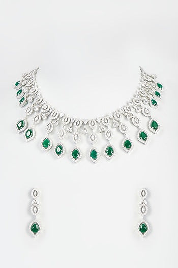 White Finish Faux Diamond & Emerald Necklace Set