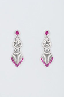 White Finish Red Stone Dangler Earrings