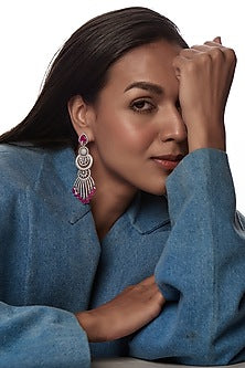 White Finish Red Stone Dangler Earrings