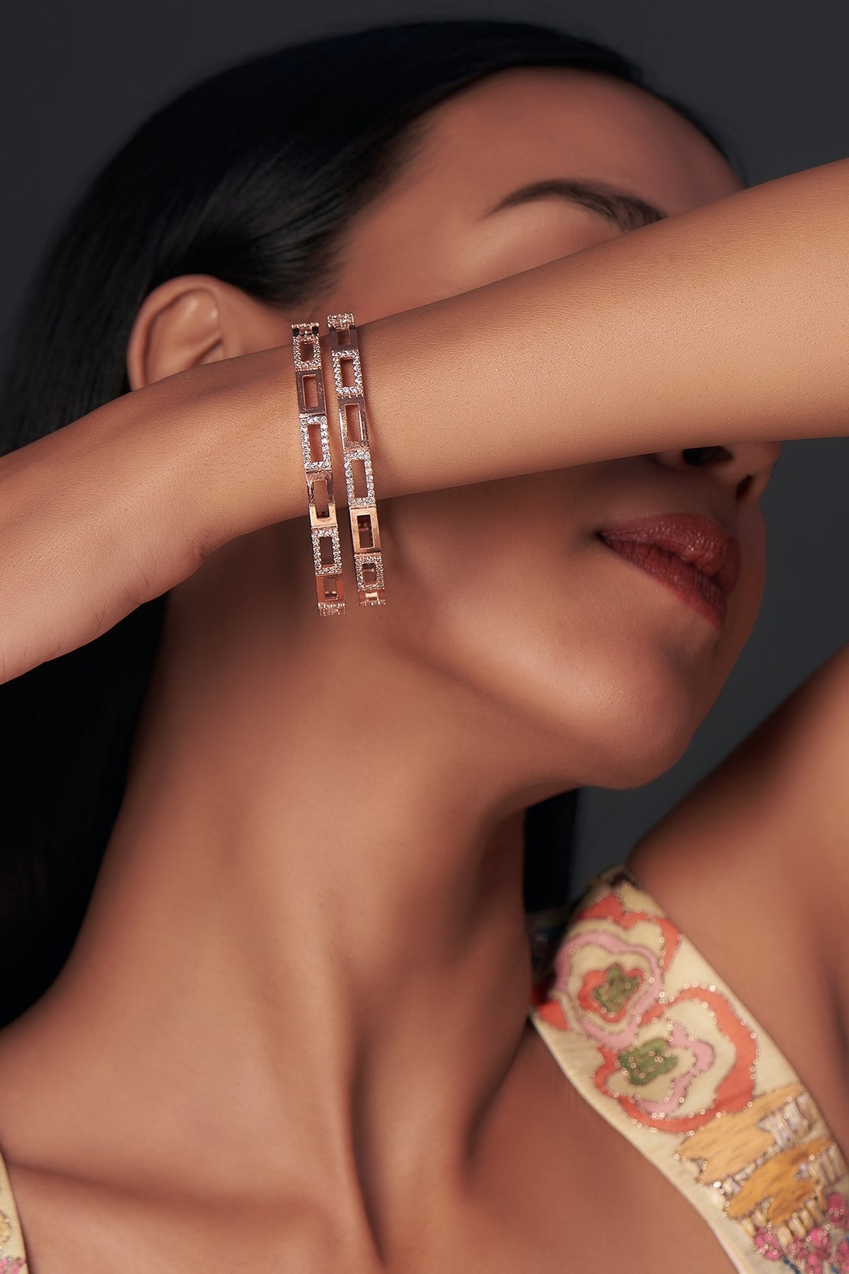 Rose Gold Finish Zircon Bangles (Set Of 2)