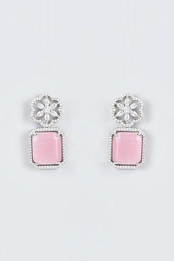 White Finish Zircon & Pink Stone Dangler Earrings
