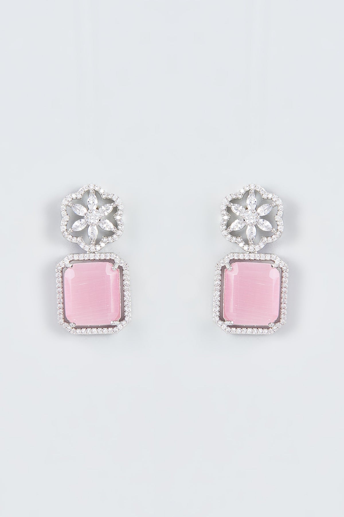 White Finish Zircon & Pink Stone Dangler Earrings