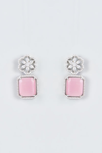 White Finish Zircon & Pink Stone Dangler Earrings