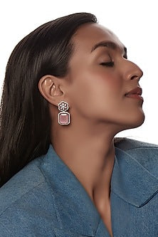 White Finish Zircon & Pink Stone Dangler Earrings