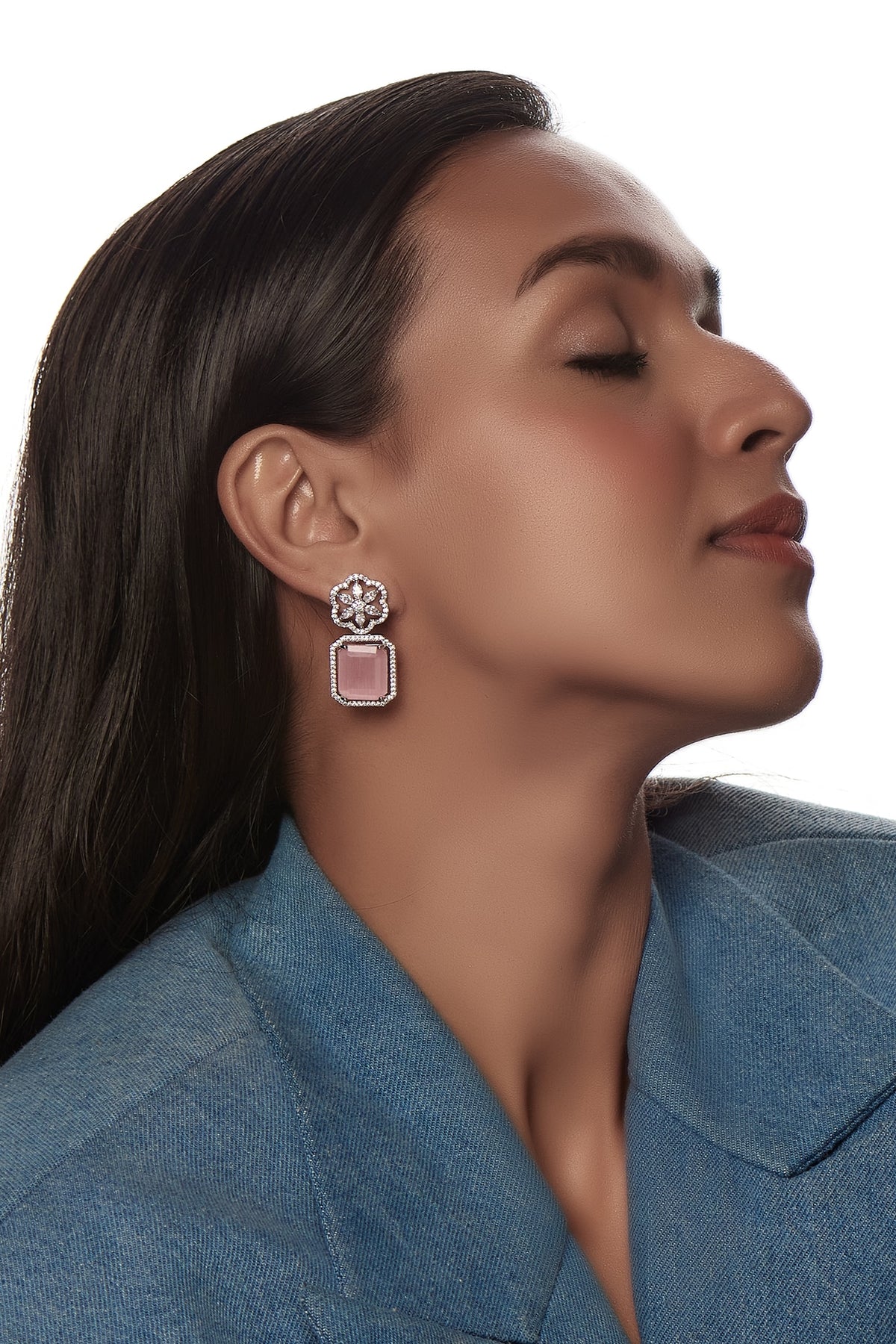 White Finish Zircon & Pink Stone Dangler Earrings