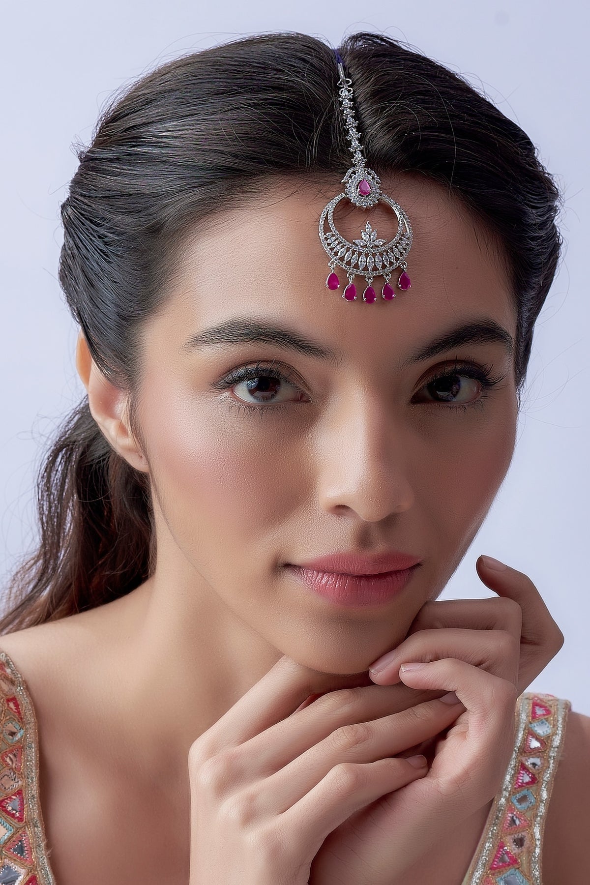 White Finish Zircon & Red Stone Maangtikka
