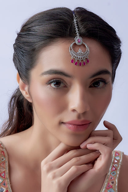 White Finish Zircon & Red Stone Maangtikka