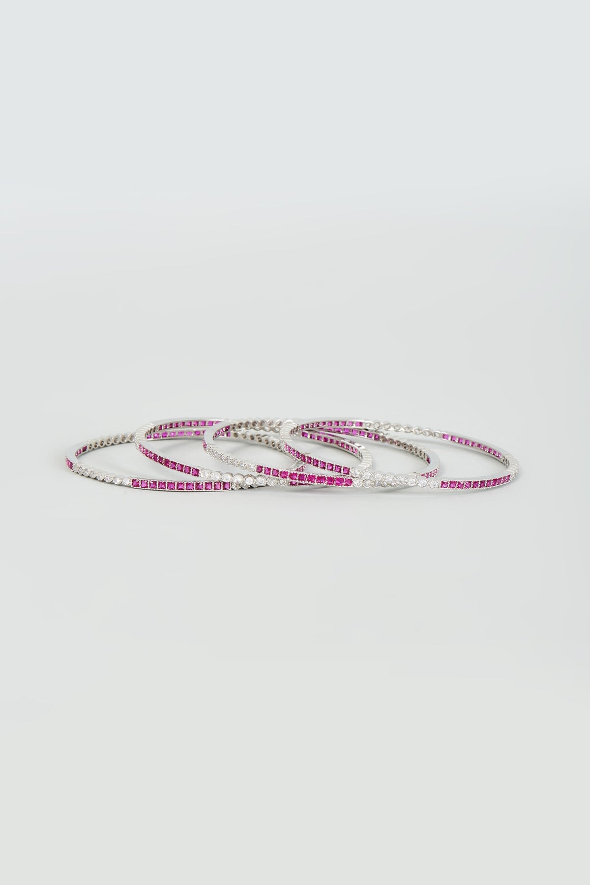 White Finish Zircon & Red Stone Bangles (Set Of 4)