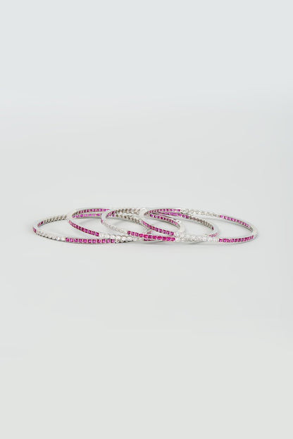 White Finish Zircon & Red Stone Bangles (Set Of 4)