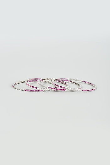 White Finish Zircon & Red Stone Bangles (Set Of 4)