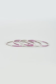 White Finish Zircon & Red Stone Bangles (Set Of 4)