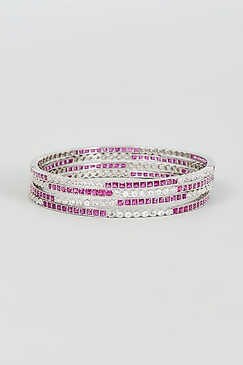 White Finish Zircon & Red Stone Bangles (Set Of 4)