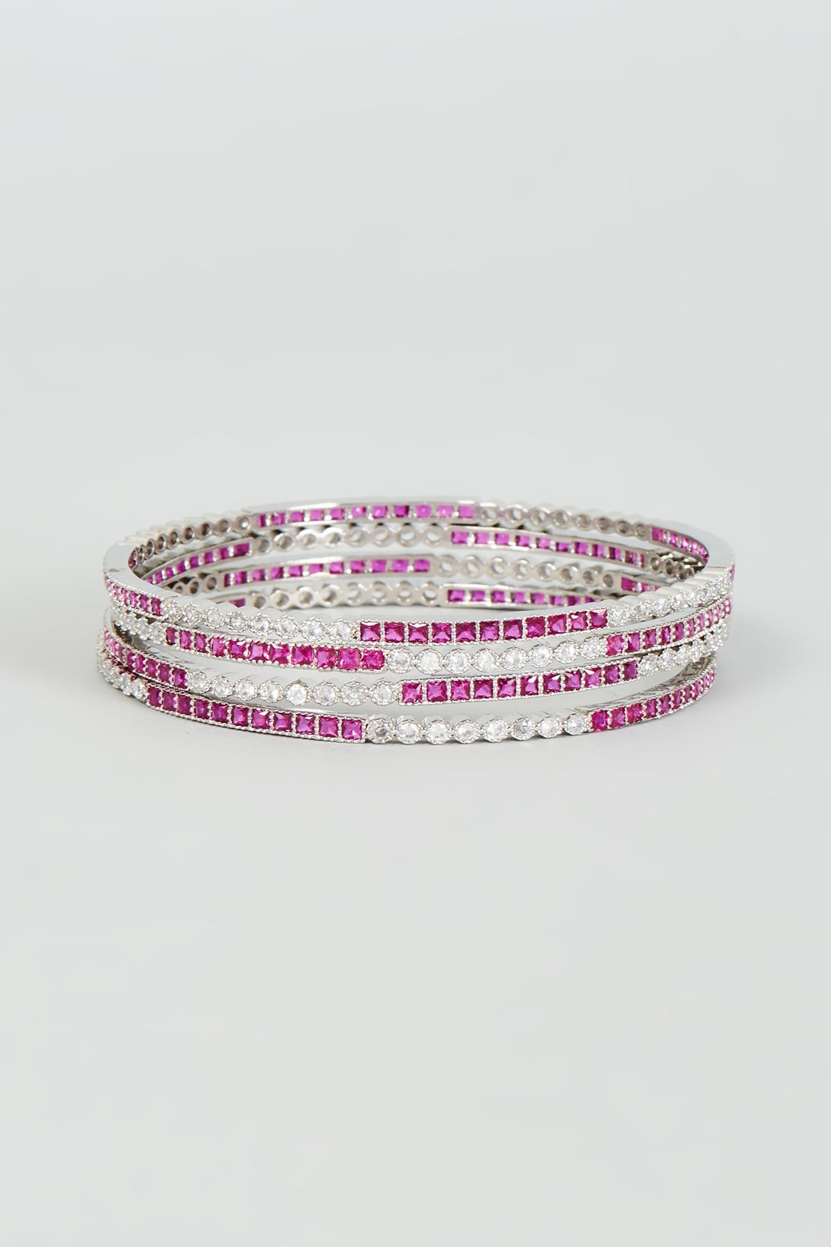 White Finish Zircon & Red Stone Bangles (Set Of 4)