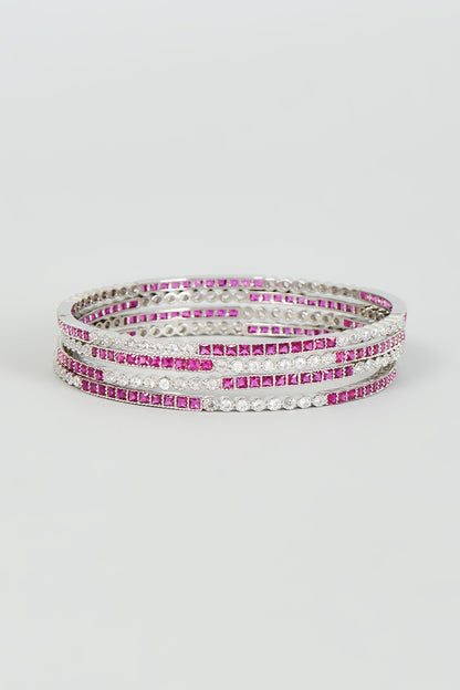 White Finish Zircon & Red Stone Bangles (Set Of 4)