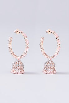 White Finish Pink Stone Hoop Earrings