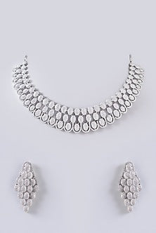 White Finish Faux Diamond Choker Necklace Set