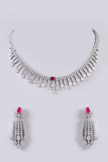 White Finish Red Stone Choker Necklace Set