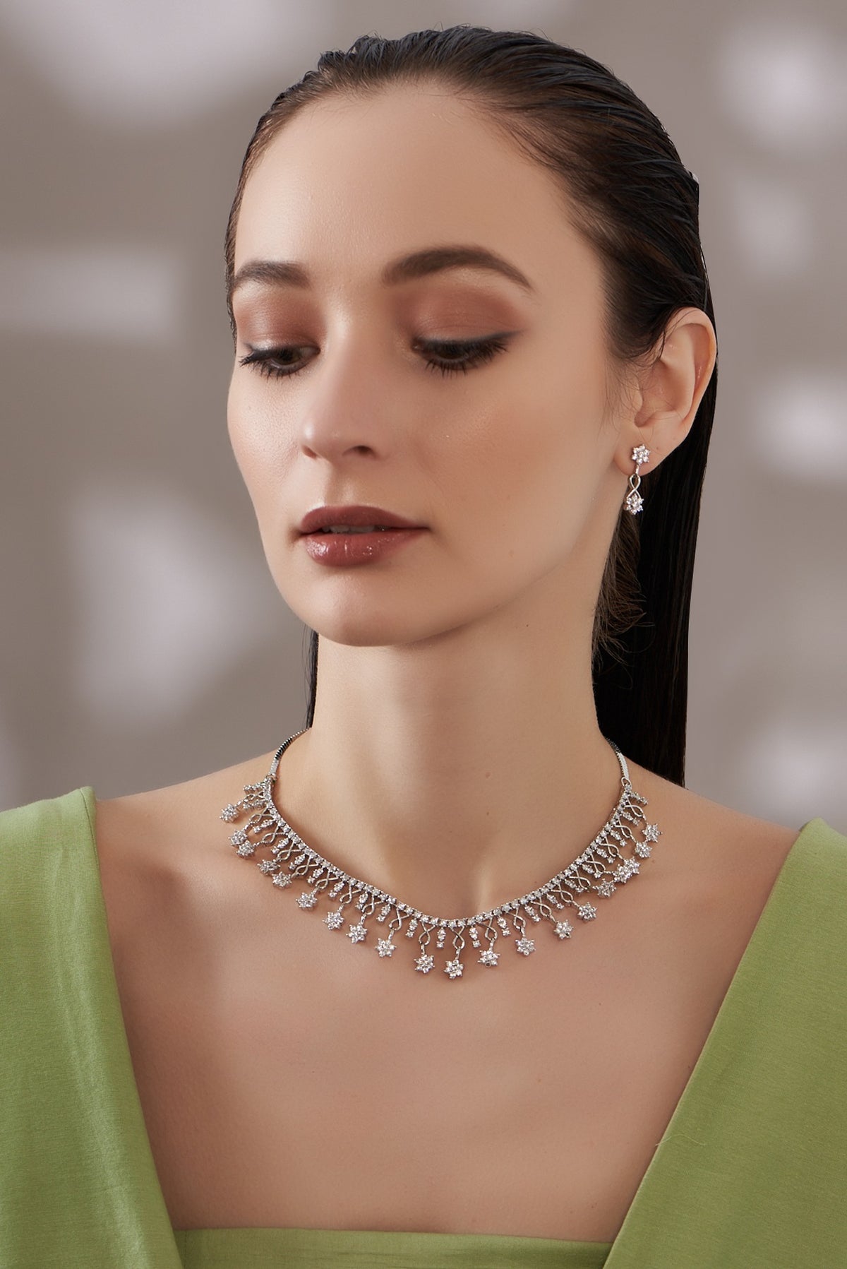 White Finish Faux Diamond Necklace Set