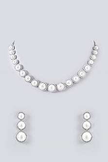 White Finish Faux Diamond & Pearl Necklace Set