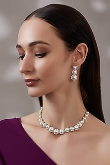 White Finish Faux Diamond & Pearl Necklace Set