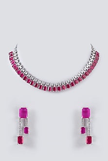 White Finish Zircon & Ruby Necklace Set