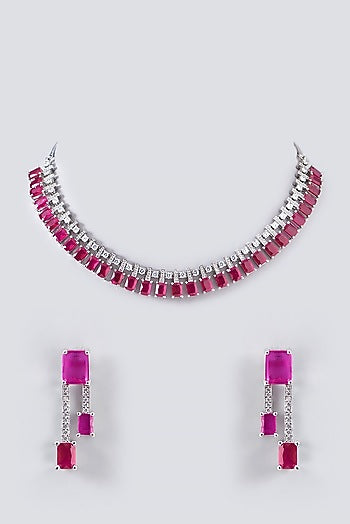 White Finish Zircon & Ruby Necklace Set