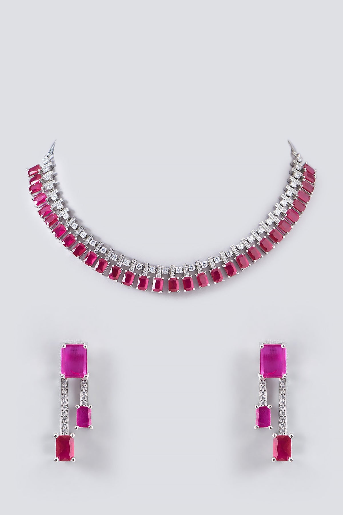 White Finish Zircon & Ruby Necklace Set