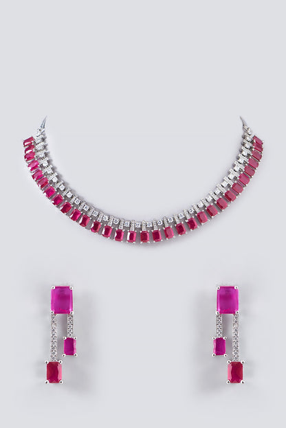 White Finish Zircon & Ruby Necklace Set