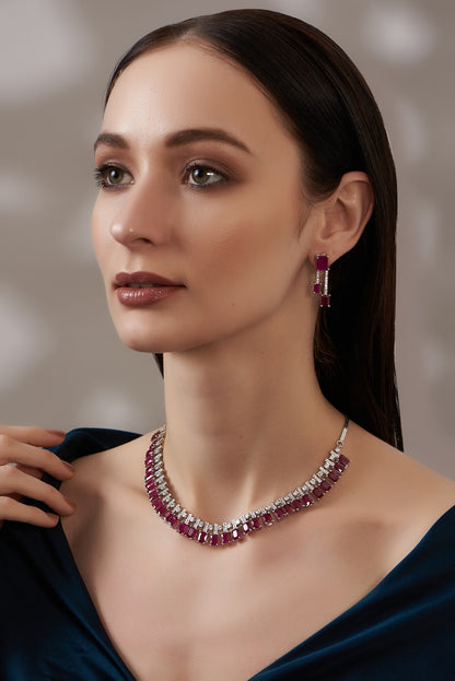 White Finish Zircon & Ruby Necklace Set