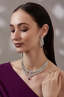 White Finish Zircon & Blue Stone Necklace Set