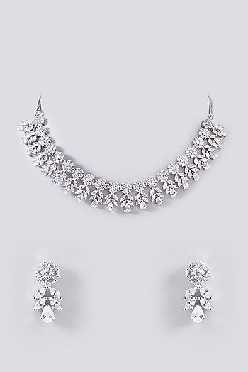 White Finish Faux Diamond Necklace Set
