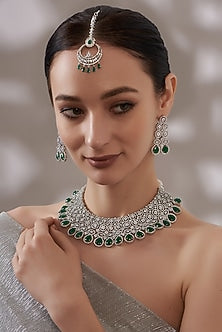White Finish Zircon & Emerald Choker Necklace Set