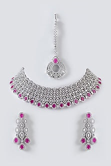 White Finish Zircon & Ruby Choker Necklace Set