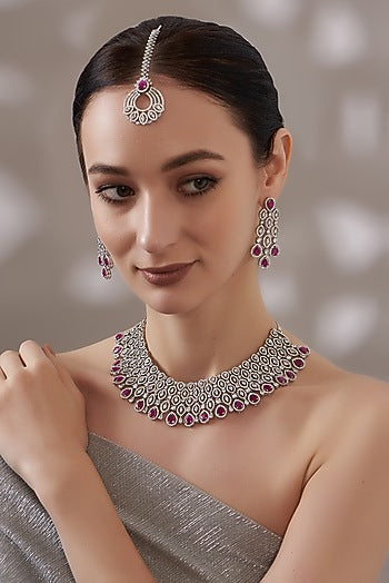 White Finish Zircon & Ruby Choker Necklace Set