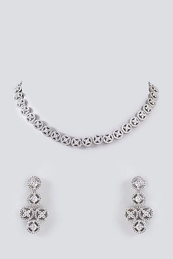 White Finish Faux Diamond Necklace Set