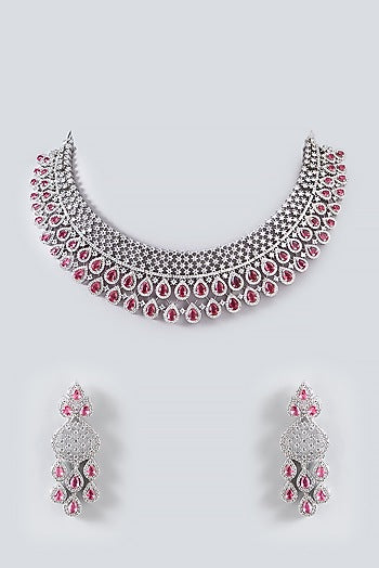 White Finish Faux Diamond Necklace Set