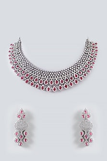 White Finish Faux Diamond Necklace Set