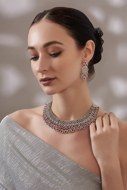 White Finish Faux Diamond Necklace Set
